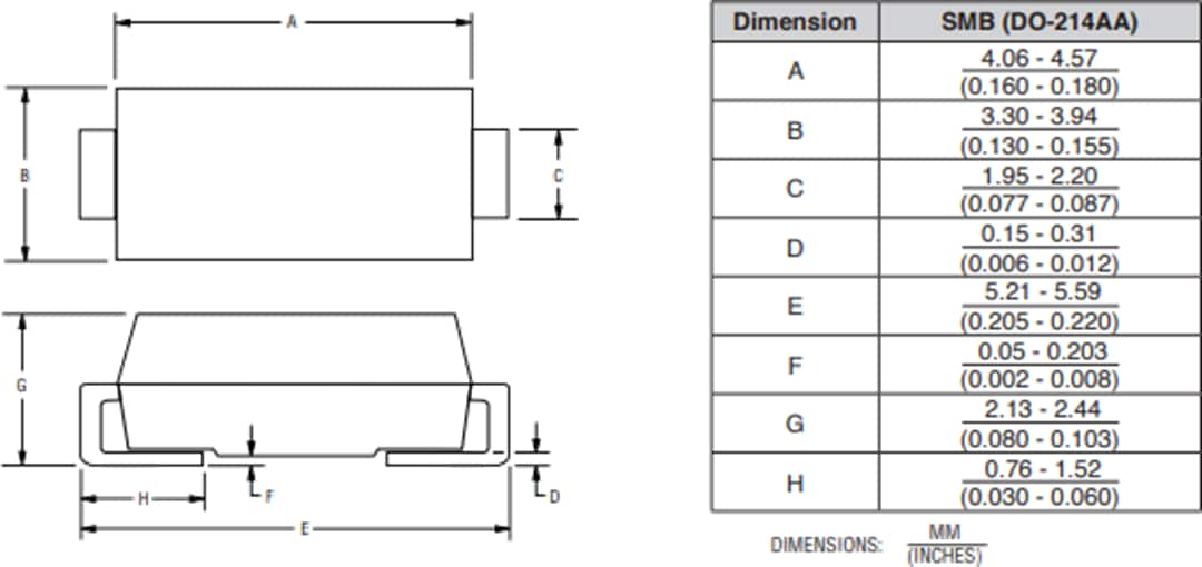 Plan mécanique - Bourns Diodes de suppression de tension transitoire 1,5 SMBJ
