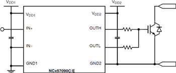 Schéma du circuit d'application - onsemi Pilotes de grille IGBT/MOSFET NCD57090 et NCV57090