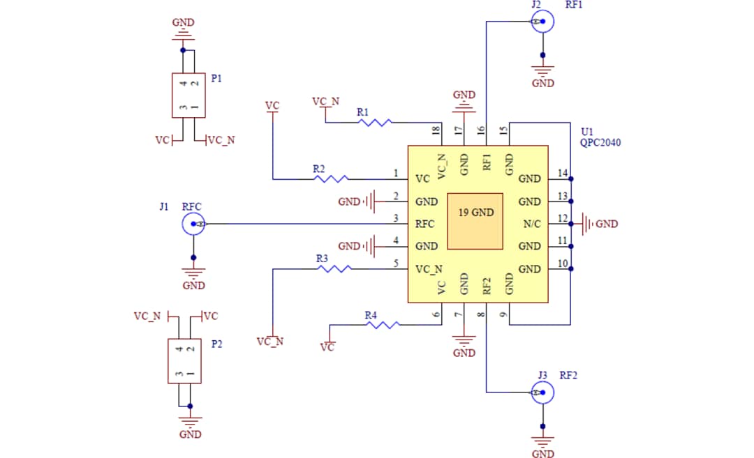 Schéma du circuit d'application - Qorvo Commutateur SPDT 10 W pour bande X au GaN QPC2040