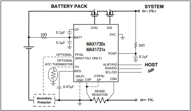 Schéma de principe - Analog Devices / Maxim Integrated Jauges de carburant ModelGauge EZ m5 à 1 cellule MAX17300
