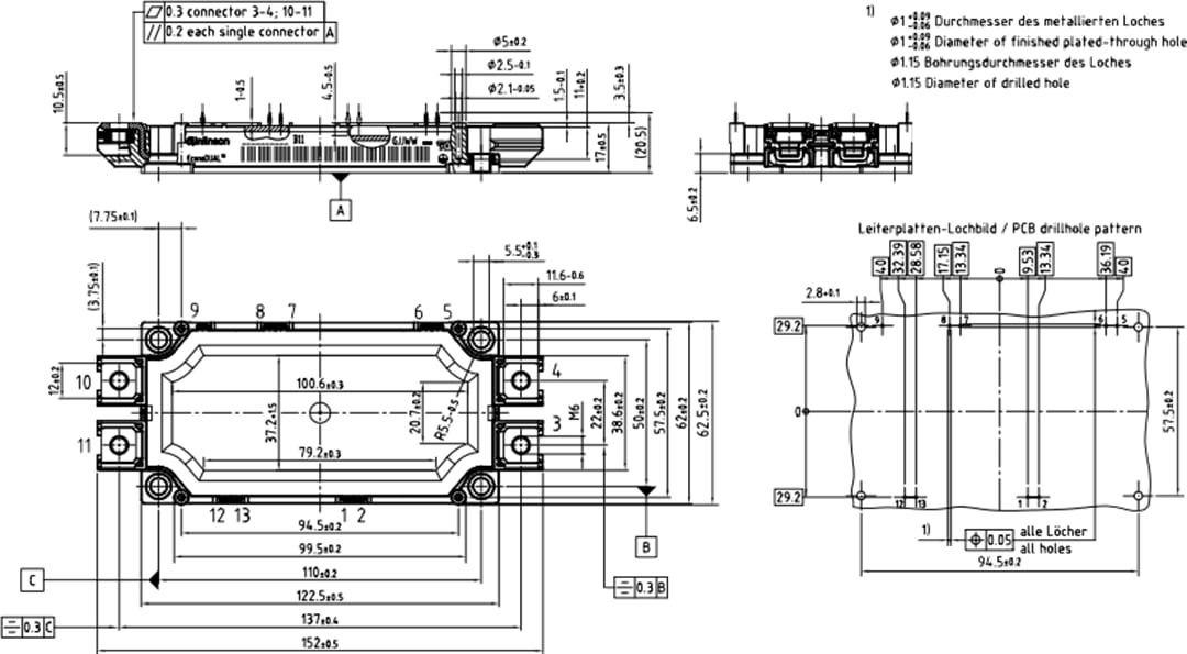 Plan mécanique - Infineon Technologies Modules IGB Fourpack 1 700 V