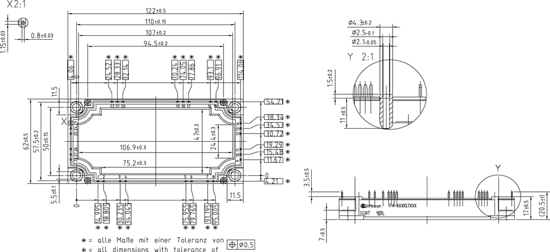 Plan mécanique - Infineon Technologies Modules IGB Fourpack 1 700 V