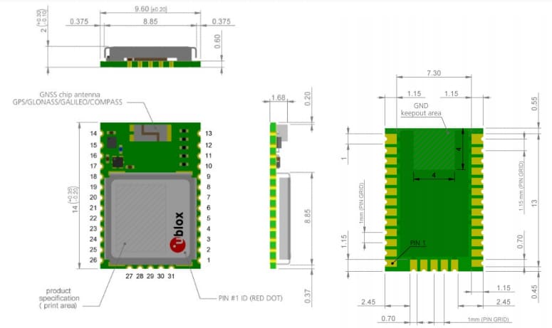 Plan mécanique - u-blox Modules d'antenne GNSS CAM-M8