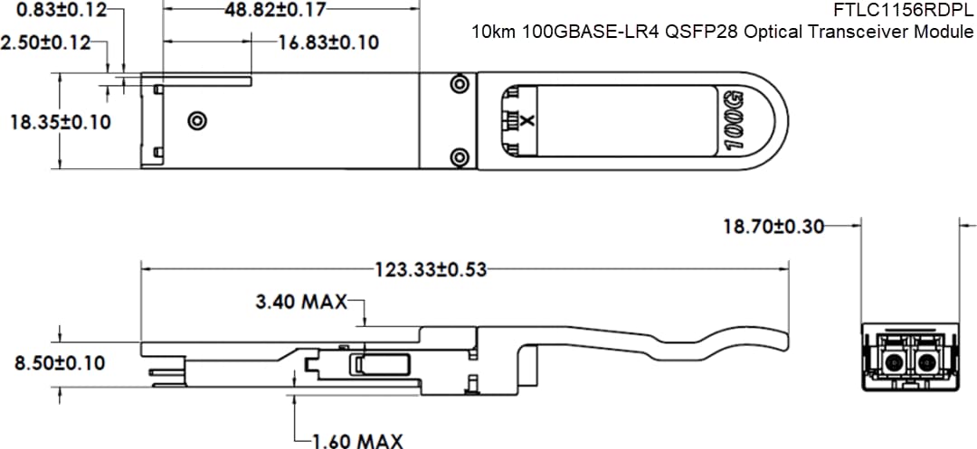 Mechanical Drawing - Coherent FTLC1156RDPL 100GBASE-LR4 QSFP28 Transceivers