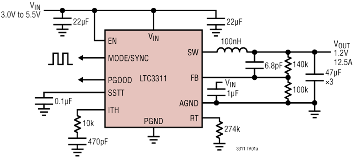 Schéma du circuit d'application - Analog Devices Inc. Commutateurs silencieux abaisseurs LTC3311 et LTC3311S
