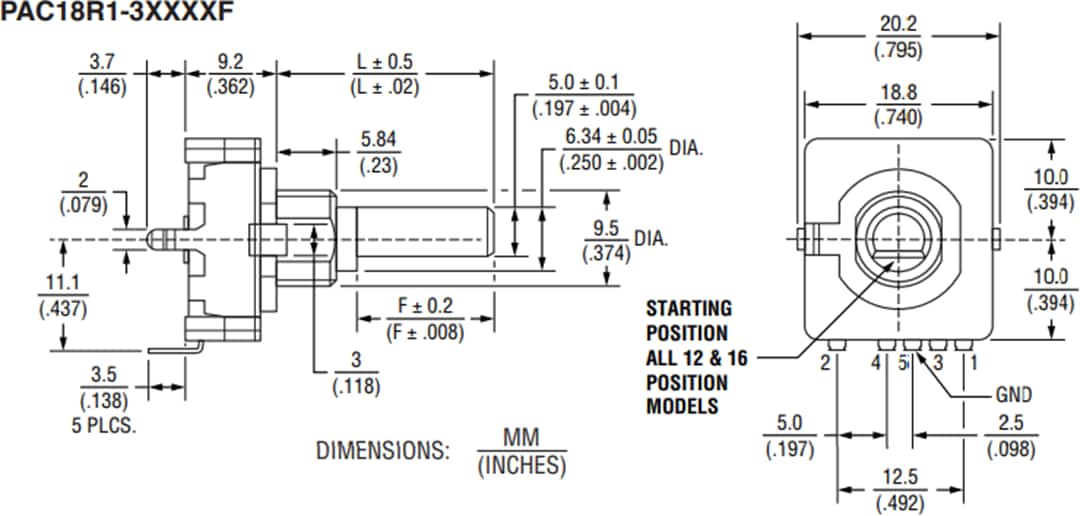 Plan mécanique - Bourns Encodeurs absolus à profil mince 18 mm PAC18R