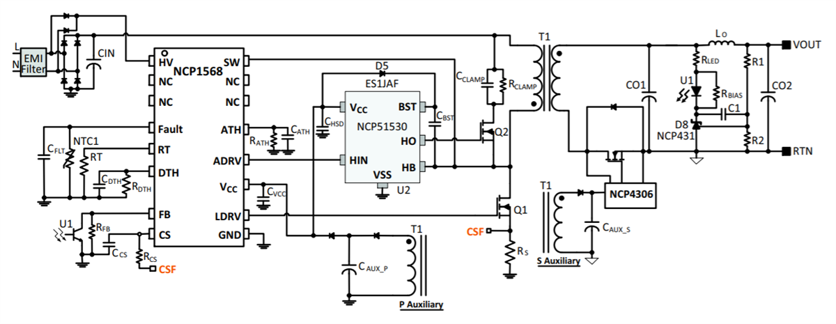 Schéma du circuit d'application - onsemi Contrôleurs PWM Flyback à limitation active CA-CC NCP1568