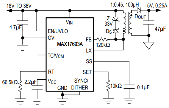 Analog Devices / Maxim Integrated Convertisseurs flyback non-opto isolés MAX17693