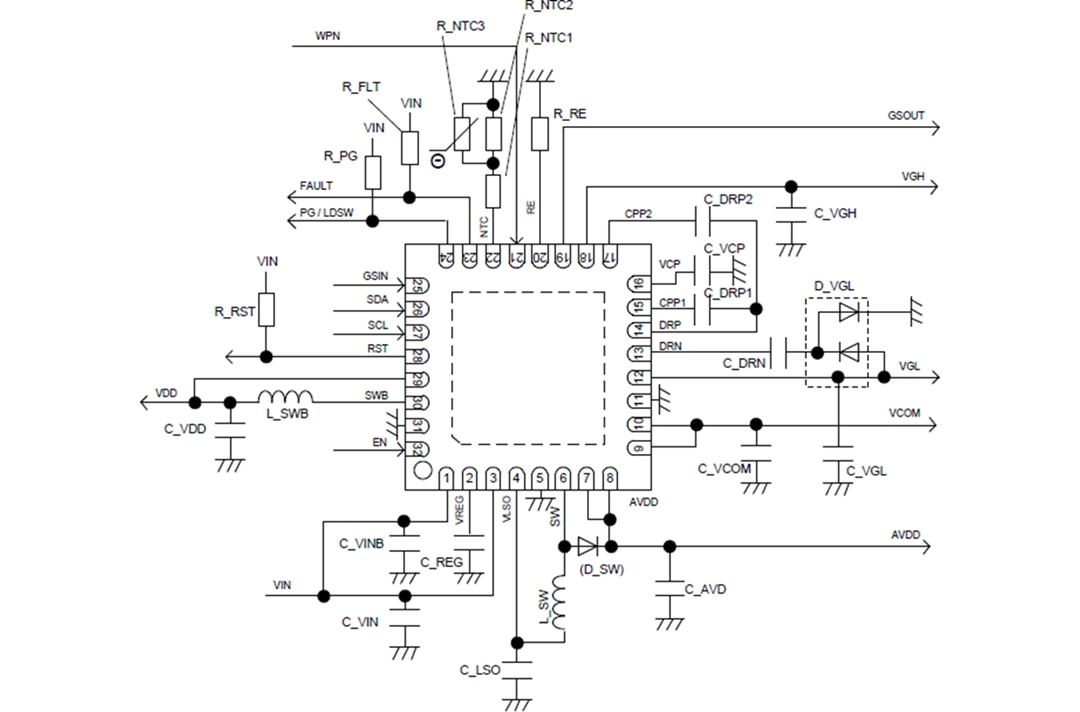 Schéma du circuit d'application - ROHM Semiconductor CI de gestion d'alimentation de panneau automobile BM81810MUV-M