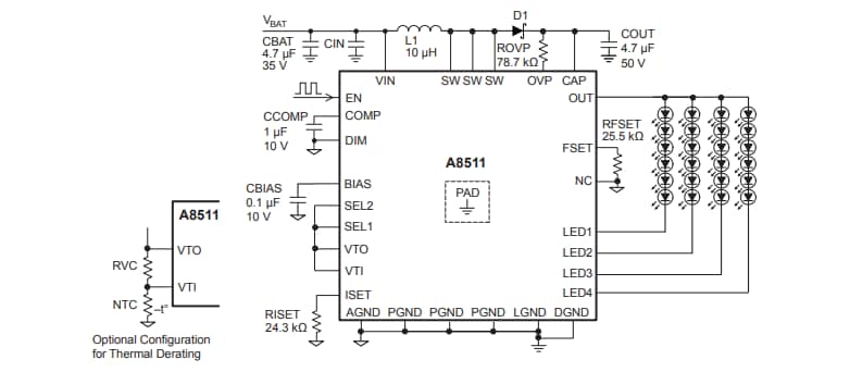 Application Circuit Diagram - Allegro MicroSystems A8511 Multioutput WLED/RGB Driver