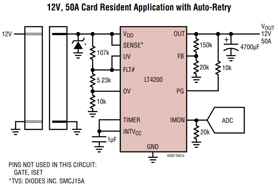 Schéma du circuit d'application - Analog Devices Inc. Fusible électronique permutable à chaud 50 A LT4200