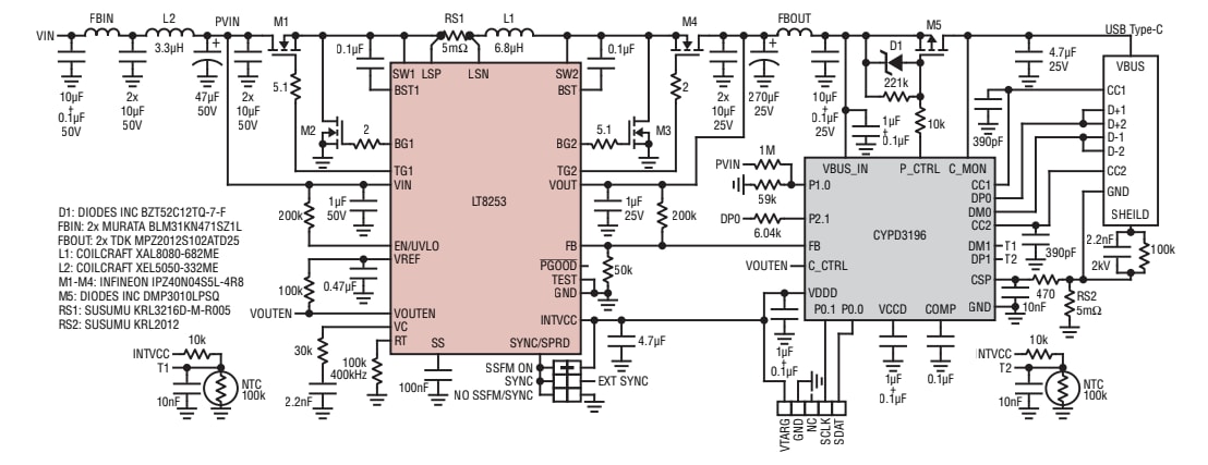 Schéma du circuit d'application - Analog Devices Inc. Contrôleurs Buck-Boost USB de Type C™ LT8253/LT8253A