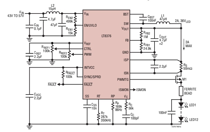Schéma du circuit d'application - Analog Devices Inc. Pilote LED synchrone abaisseur synchrone LT8376