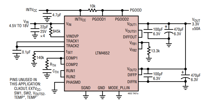 Schéma du circuit d'application - Analog Devices Inc. Régulateurs µModule® LTM4652