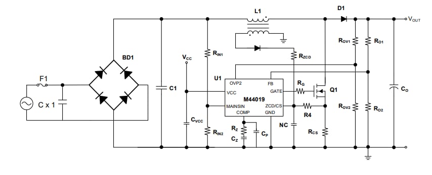 Application Circuit Diagram - Monolithic Power Systems (MPS) MP44019 CrM/DCM Multi-Mode PFC Controllers