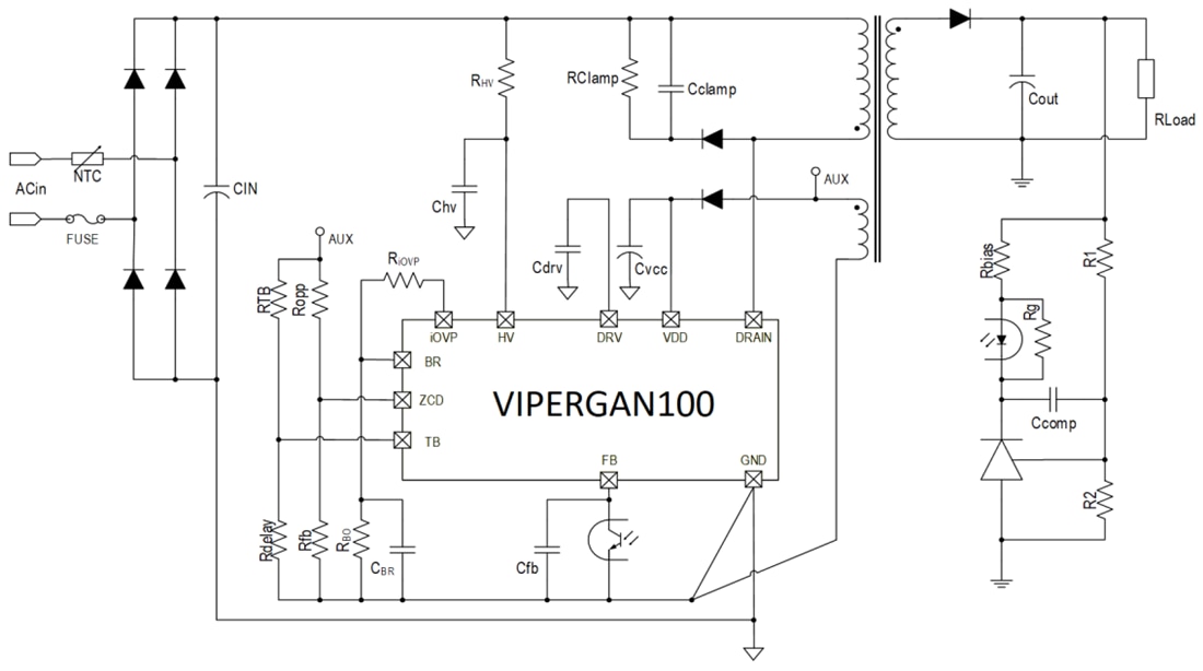 Schéma du circuit d'application - STMicroelectronics Convertisseurs haute tension hors ligne VIPerGaN100