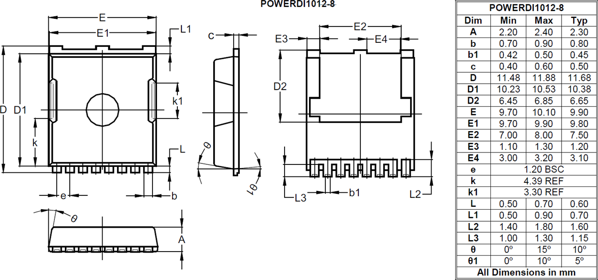 Plan mécanique - Diodes Incorporated MOSFET à mode d'amélioration automobile DMTH10H2M5STLWQ