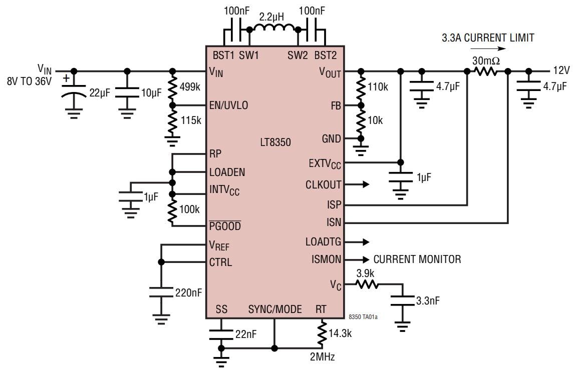 Schéma du circuit d'application - Analog Devices Inc. LT8350/LT8350S convertisseurs Buck-Boost synchrones