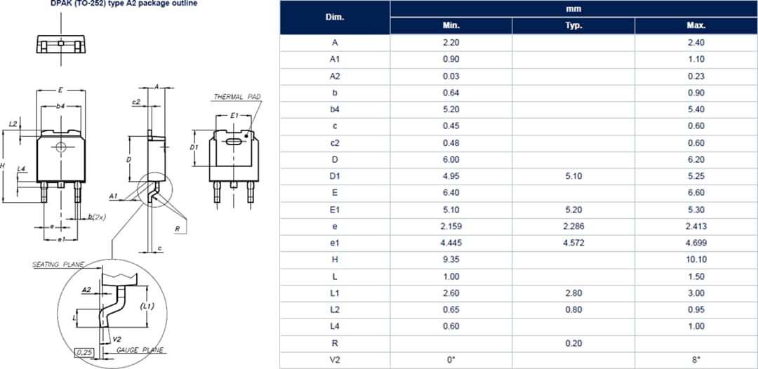 Plan mécanique - STMicroelectronics MOSFET de puissance MDmesh K6 800 V 16 A STD80N240K6