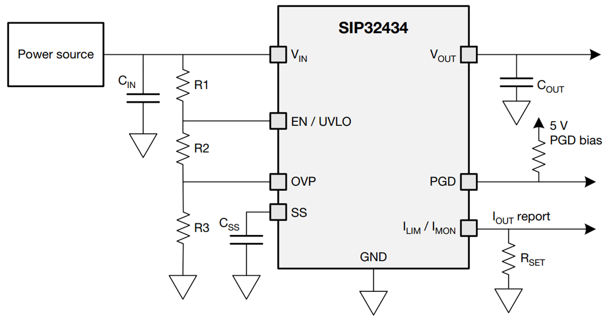 Schéma du circuit d'application - Vishay / Siliconix Fusibles électroniques monocanal SIP32434