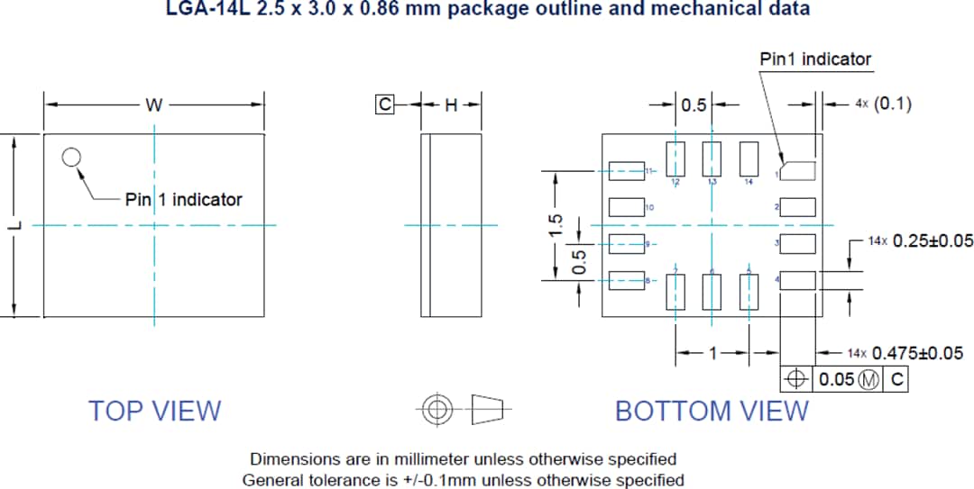 Plan mécanique - STMicroelectronics Module inertiel à cœur ML automatique à 6 axes ASM330LHHX