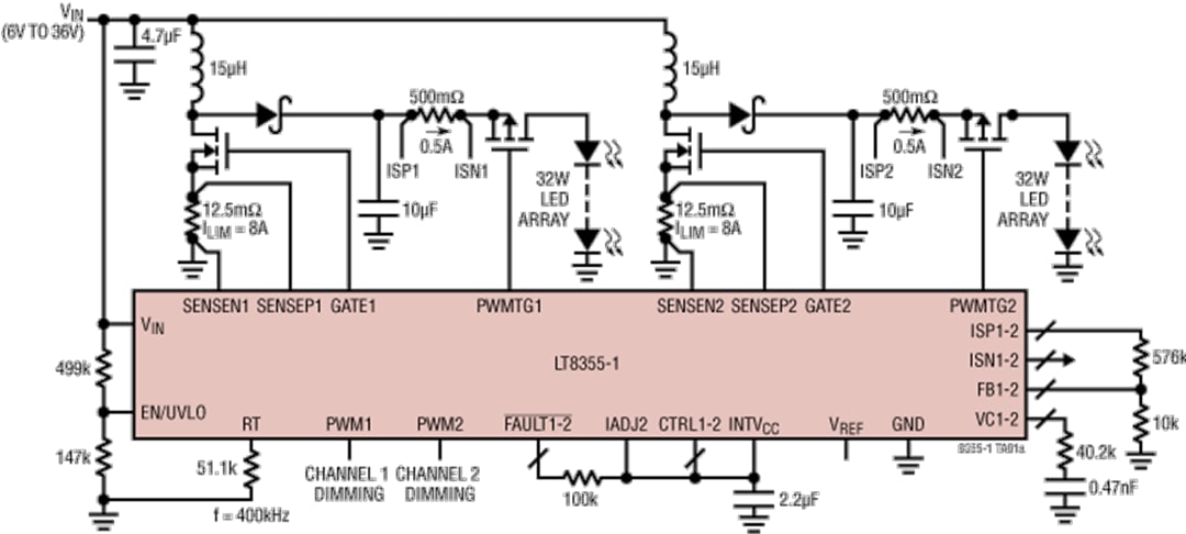 Schéma du circuit d'application - Analog Devices Inc. Contrôleur LED double LT8355-1 avec gradation évolutive