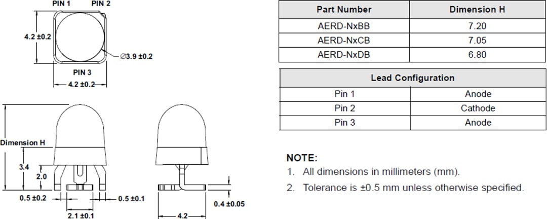 Plan mécanique - Broadcom Lampes rondes SMT infrarouges AERD-NxxB