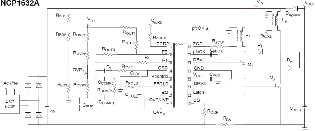Schéma du circuit d'application - onsemi Contrôleur de facteur de puissance CrM NCP1632A, entrelacé