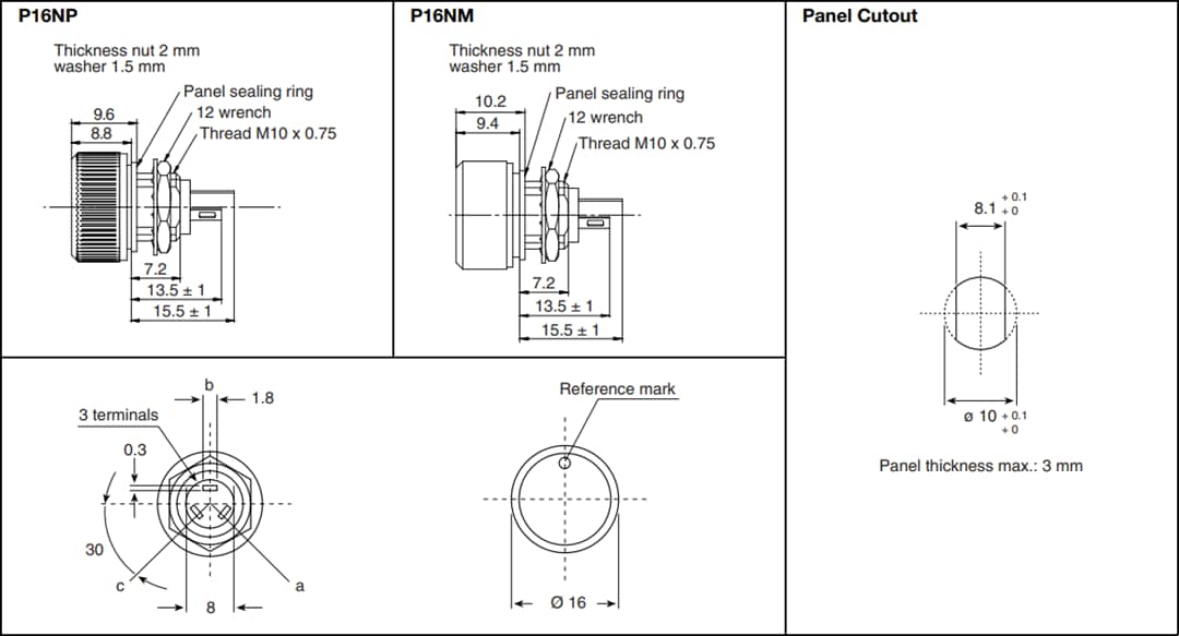 Plan mécanique - Vishay / Sfernice Potentiomètres compacts à bouton P16 et PA16