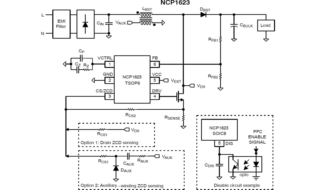 Schéma du circuit d'application - onsemi Contrôleur de facteur de puissance CrM NCP1623