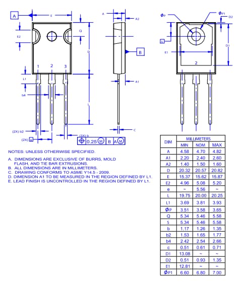 Plan mécanique - onsemi IGBT à arrêt de champ et grille en tranchée FGHL50T65MQDTx