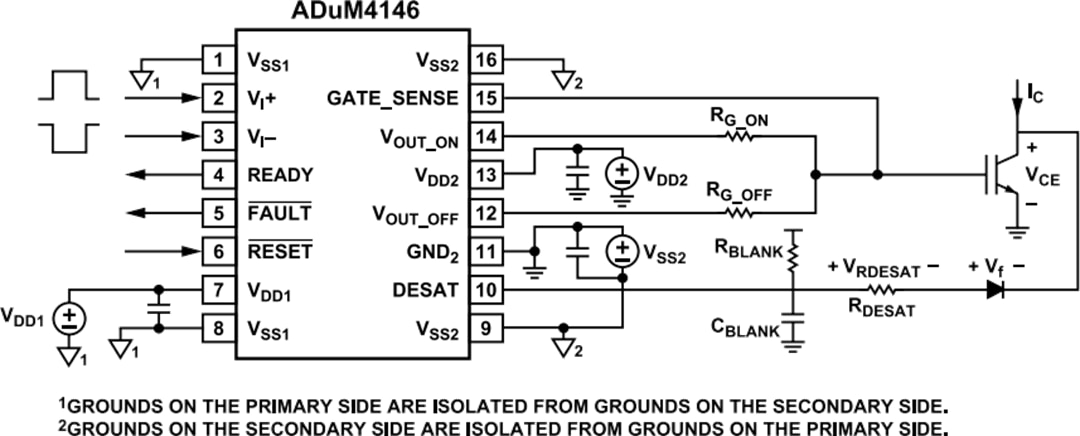 Schéma du circuit d'application - Analog Devices Inc. Pilote de grille bipolaire isolé haute tension ADuM4146