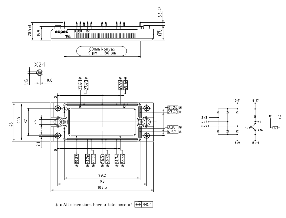 Plan mécanique - Infineon Technologies Modules IGBT en silicium DDB6U134N16RR