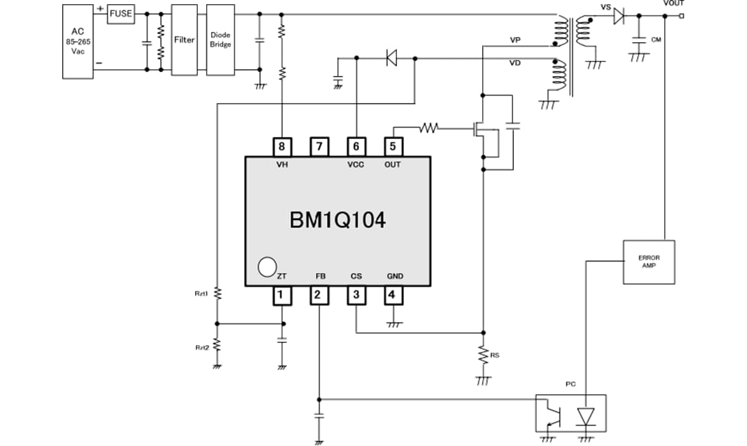 Schéma du circuit d'application - ROHM Semiconductor Convertisseur CC-CC de contrôle quasi résonnant BM1Q104FJ