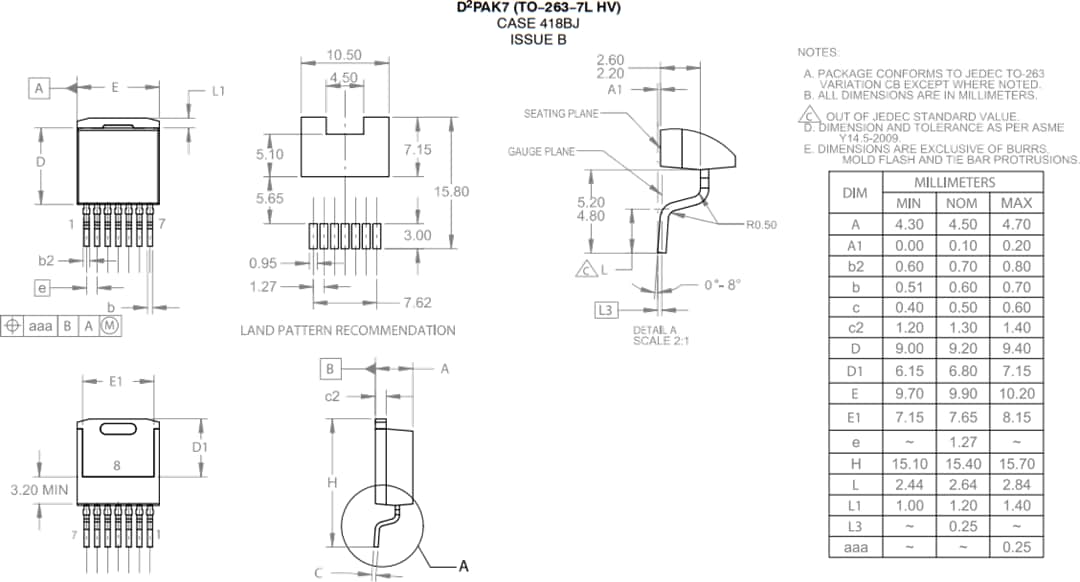 Plan mécanique - onsemi MOSFET au SiC série M3S 1 200 V NTBG022N120M3S
