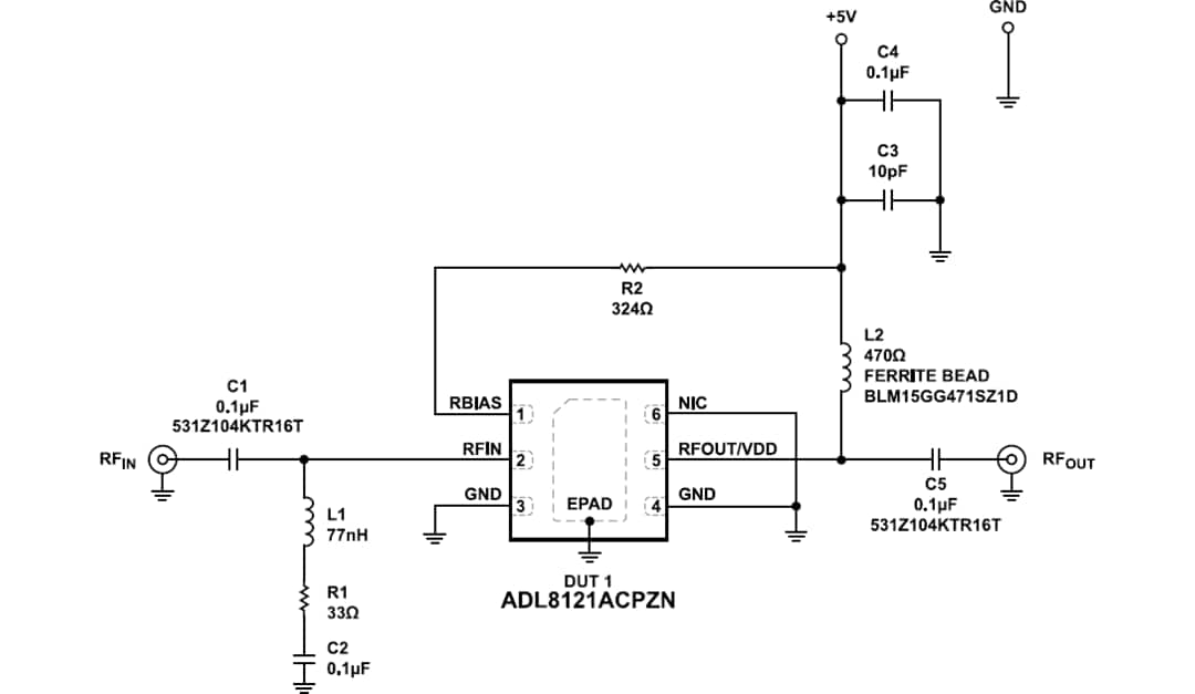 Schéma du circuit d'application - Analog Devices Inc. Amplificateur à faible bruit MMIC pHEMT GaAs ADL8121