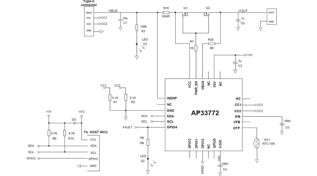 Schéma du circuit d'application - Diodes Incorporated Contrôleur AP33772 de dissipateur PD USB Type-C™