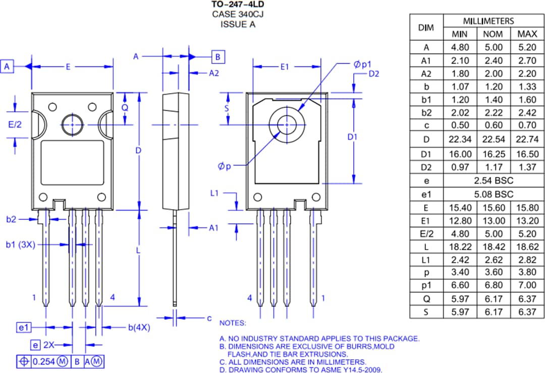 Plan mécanique - onsemi MOSFET EliteSiC 1 700 V NTH4L028N170M1