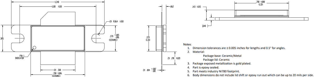Plan mécanique - Qorvo Transistor RF au GaN QPD1016L