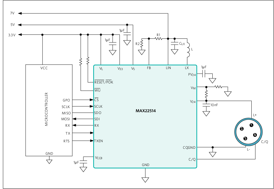 Schéma du circuit d'application - Analog Devices / Maxim Integrated Émetteur-récepteur IO-Link protégé contre les surtensions MAX22514