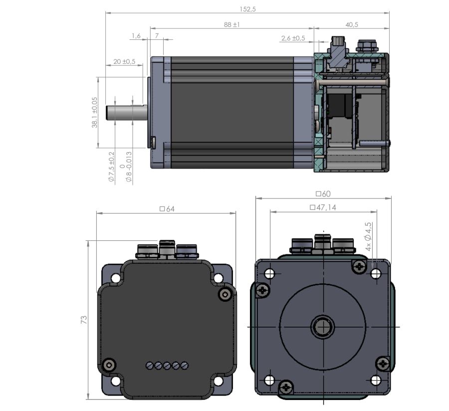 Plan mécanique - Analog Devices / Maxim Integrated Moteur pas-à-pas à axe unique PD60-4H-1461-CoE