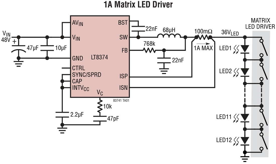 Schéma du circuit d'application - Analog Devices Inc. Pilotes LED abaisseurs synchrones LT8374