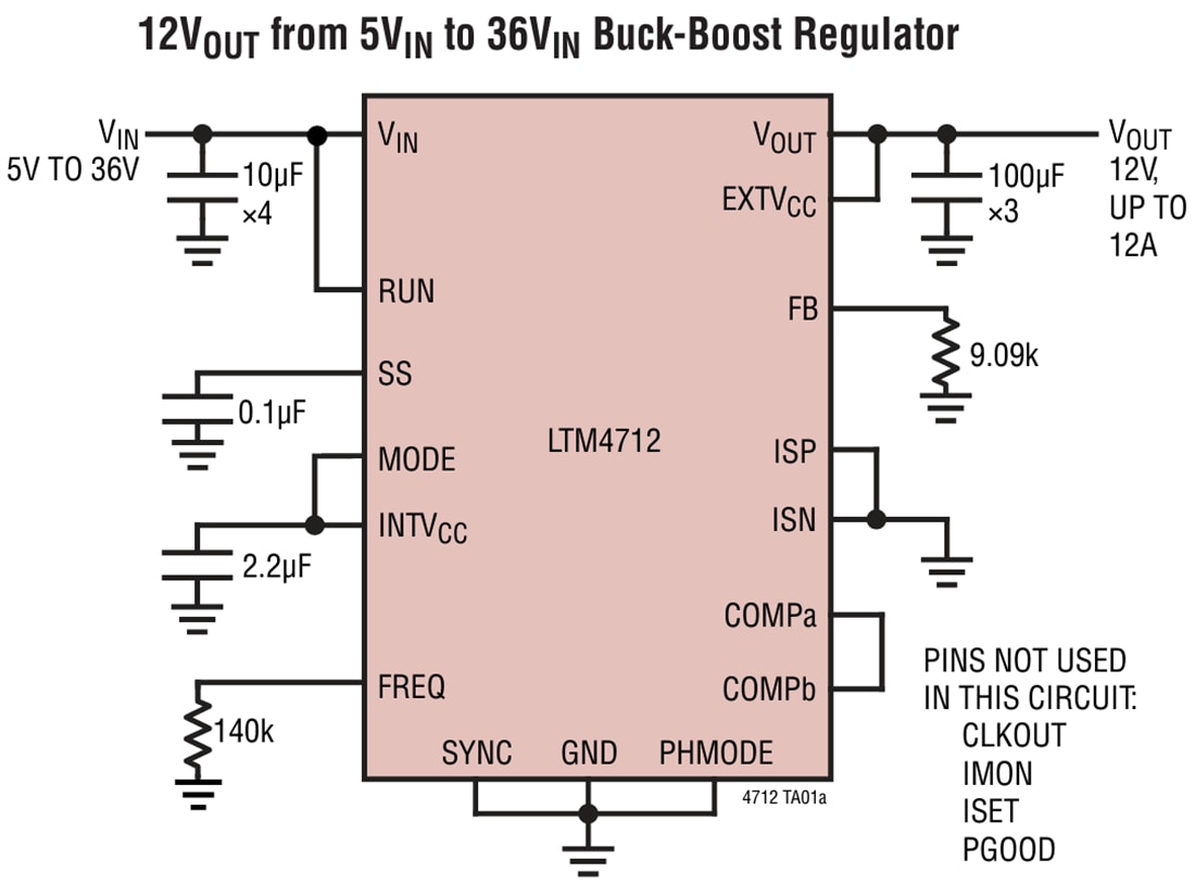 Schéma du circuit d'application - Analog Devices Inc. Régulateur μModule® Buck-Boost LTM4712