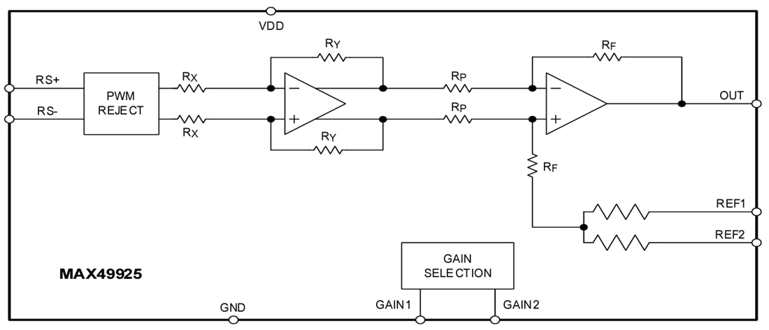 Schéma de principe - Analog Devices Inc. MAX49925 amplificateurs de détection de courant bidirectionnels