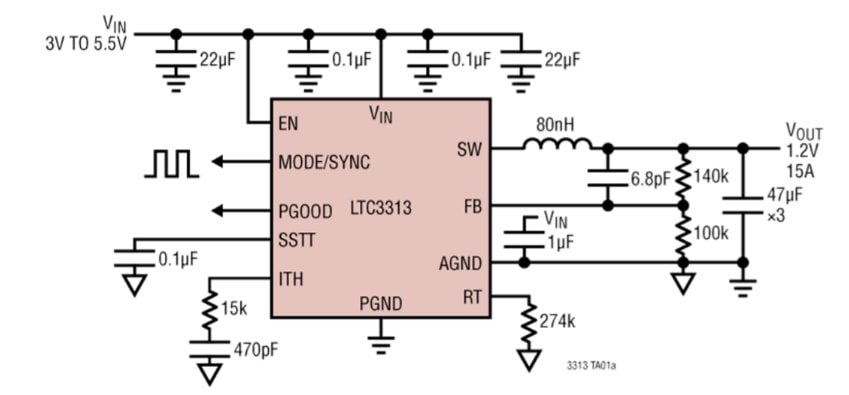 Schéma du circuit d'application - Analog Devices Inc. Silent Switchers® (commutateurs silencieux) abaisseurs LTC3313