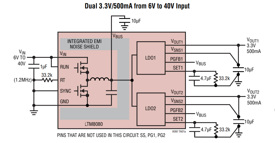 Schéma du circuit d'application - Analog Devices Inc. Régulateurs μModule LTM8080