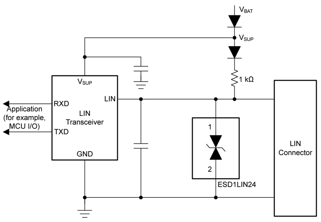 Schéma du circuit d'application - Texas Instruments Diode de protection DES ESD1LIN24/ESD1LIN24-Q1