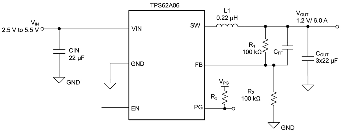 Schéma du circuit d'application - Texas Instruments Convertisseurs DC/DC Buck abaisseurs TPS62A06
