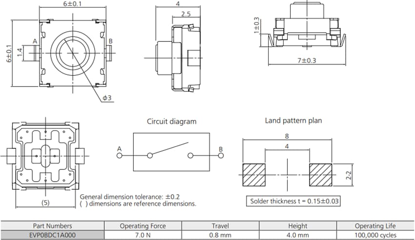 Panasonic Electronic Components Commutateur tactile carré 7 N 6 mm EVP-0B