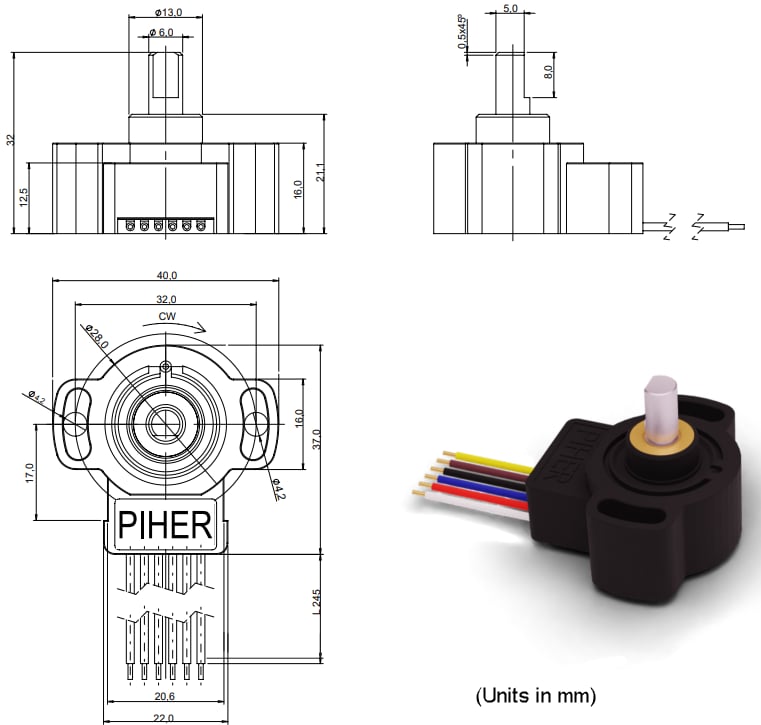 Plan mécanique - Amphenol Piher Capteurs rotatifs multi-tours PSCM